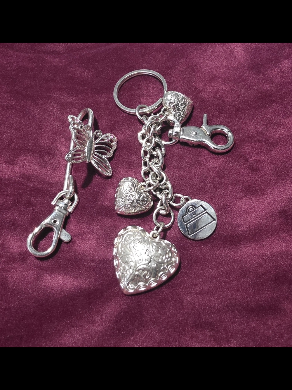 Vintage Y2K Kathy Van Zeeland Silver Tone Keychain Bag Charm Fob Hearts + Butter
